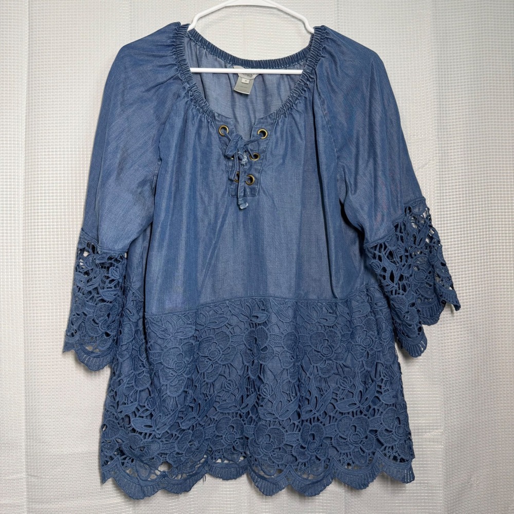 Multiples Tunic Top Medium Blue Lace Up Crochet Hem Lyocell